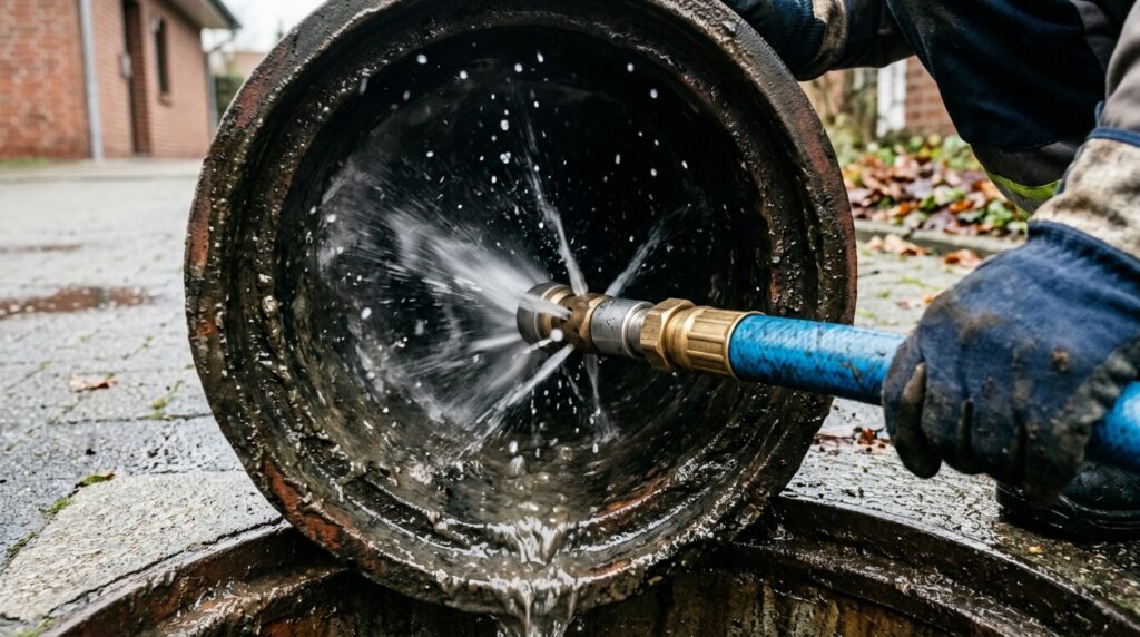 Hochdruckduese spuelt mit Wasserdruck ein verstopftes Abflussrohr frei