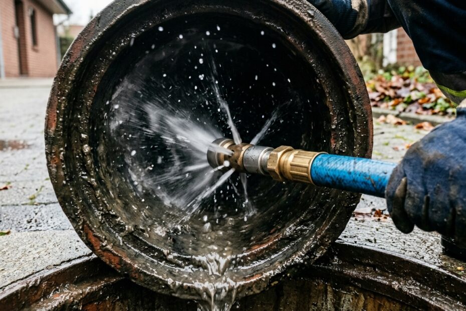 Hochdruckduese spuelt mit Wasserdruck ein verstopftes Abflussrohr frei