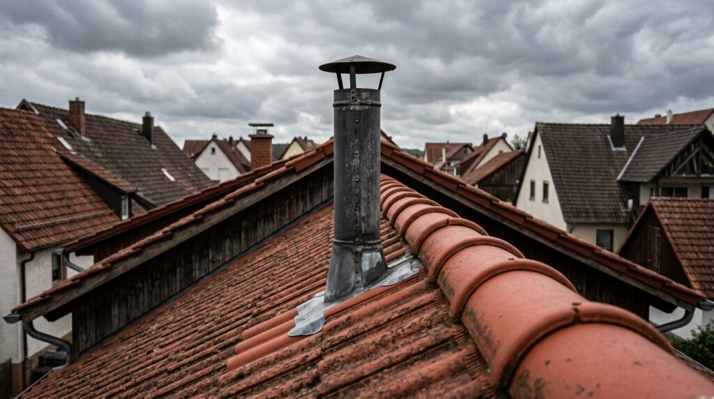 Entlueftungsrohr der Abwasserleitung ragt aus einem Ziegeldach gegen einen bewoelkten Himmel
