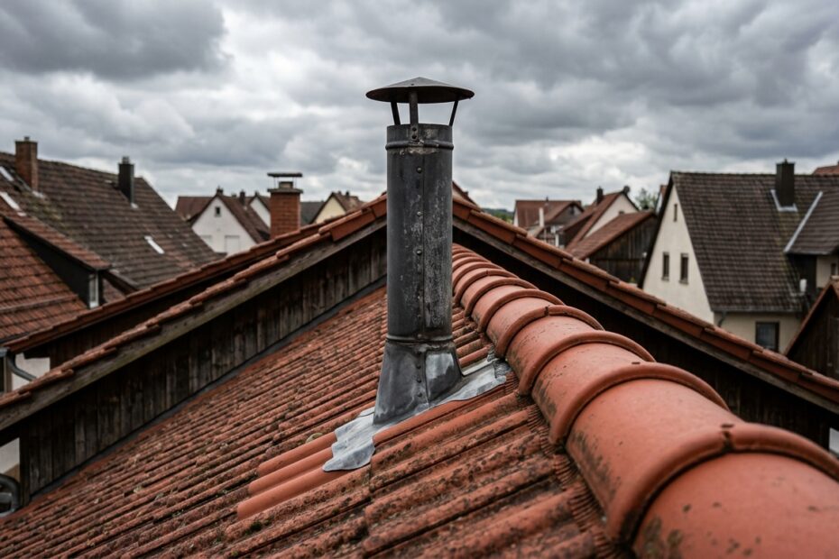 Entlueftungsrohr der Abwasserleitung ragt aus einem Ziegeldach gegen einen bewoelkten Himmel