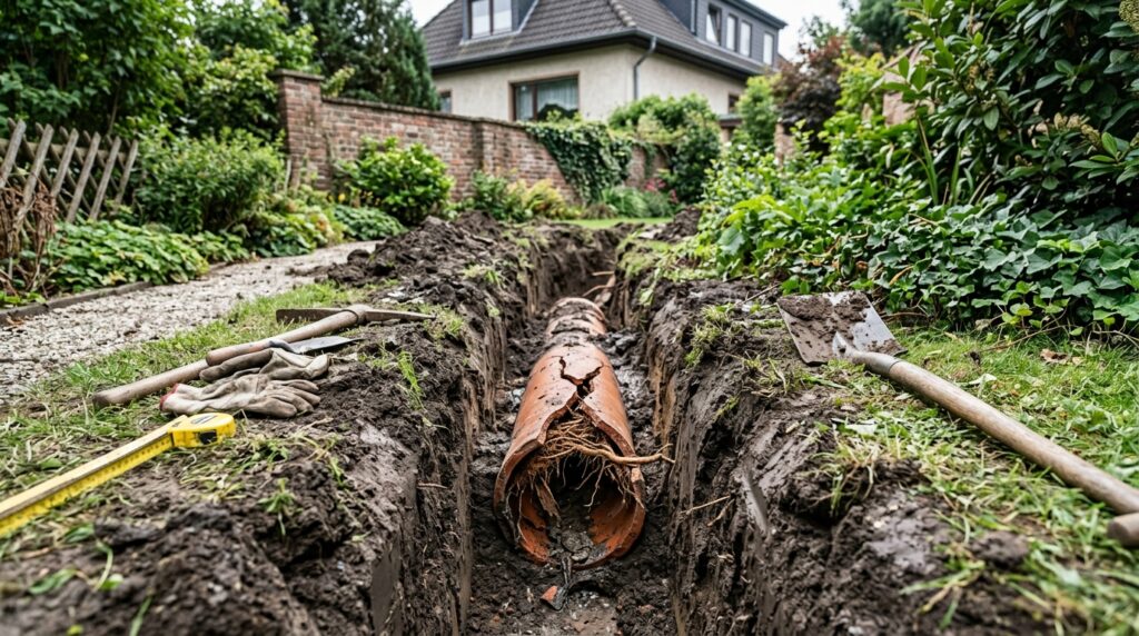 Freigelegtes beschaedigtes Abwasserrohr mit Riss in einem Graben im Garten