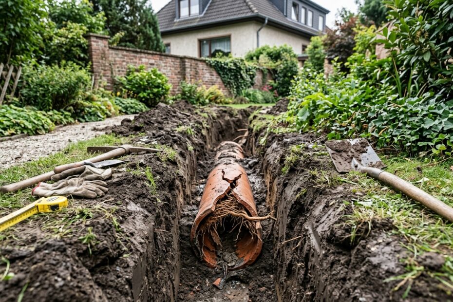 Freigelegtes beschaedigtes Abwasserrohr mit Riss in einem Graben im Garten