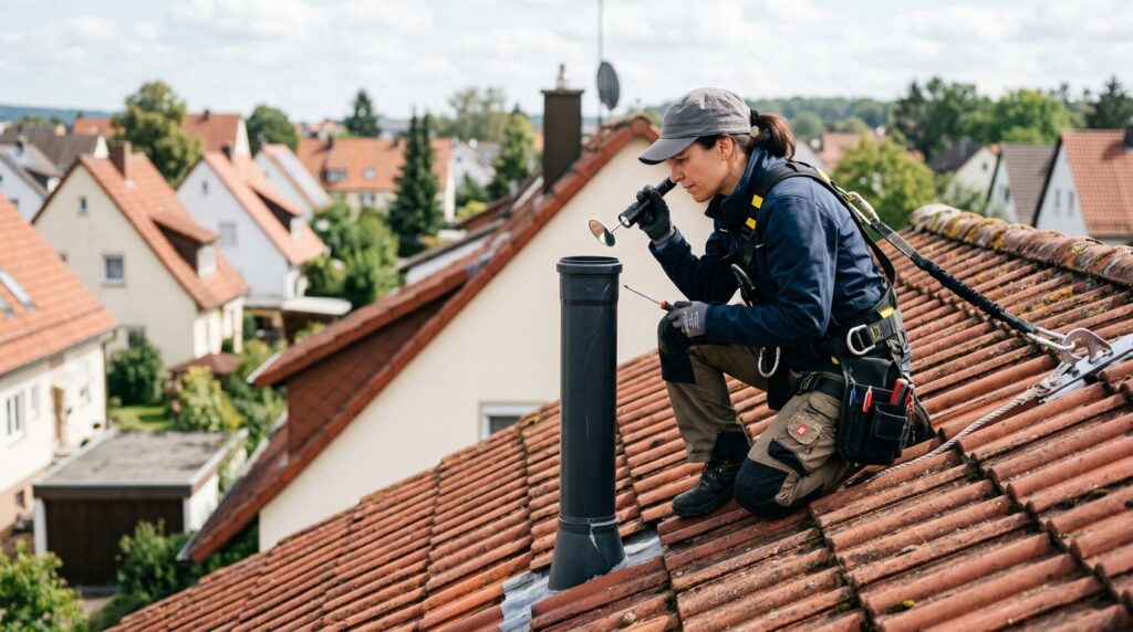 Techniker mit Sicherheitsgeschirr prueft das Entlueftungsrohr auf einem Ziegeldach