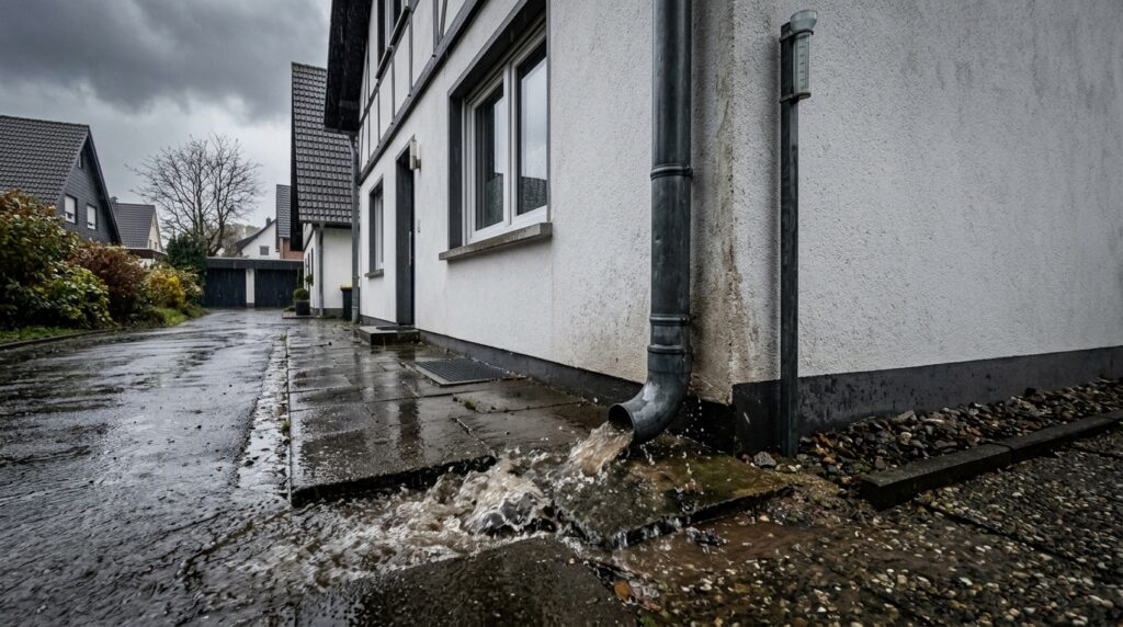 Ueberlaufendes Fallrohr an einer Hausfassade bei Starkregen als Hinweis auf ein im Boden verstopftes Fallrohr