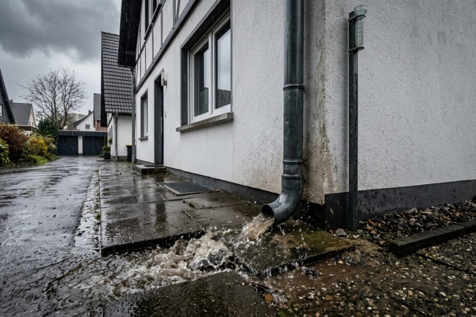 Ueberlaufendes Fallrohr an einer Hausfassade bei Starkregen als Hinweis auf ein im Boden verstopftes Fallrohr