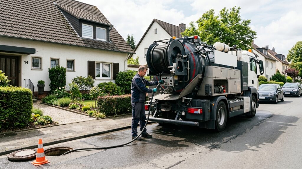 Spuelfahrzeug mit Schlauchhaspel vor einem Wohnhaus bei der professionellen Hochdruckspuelung