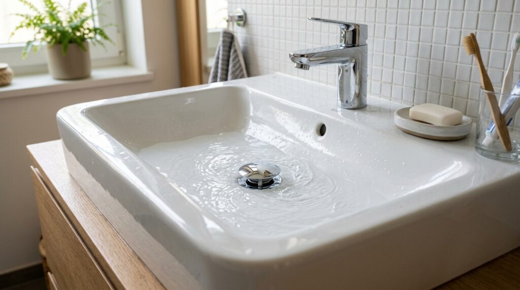 Waschbecken mit langsam ablaufendem Wasser als Zeichen fuer einen verschmutzten Siphon