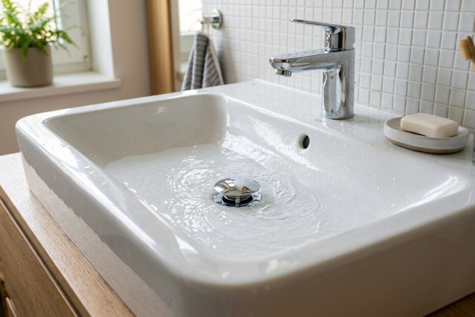 Waschbecken mit langsam ablaufendem Wasser als Zeichen fuer einen verschmutzten Siphon
