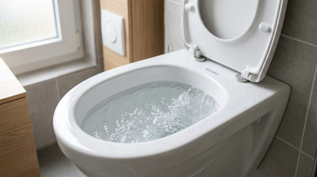 Wandhaengende Toilette in einem hellen Bad mit aufsteigenden Luftblasen im Wasser