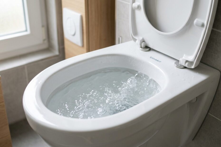 Wandhaengende Toilette in einem hellen Bad mit aufsteigenden Luftblasen im Wasser